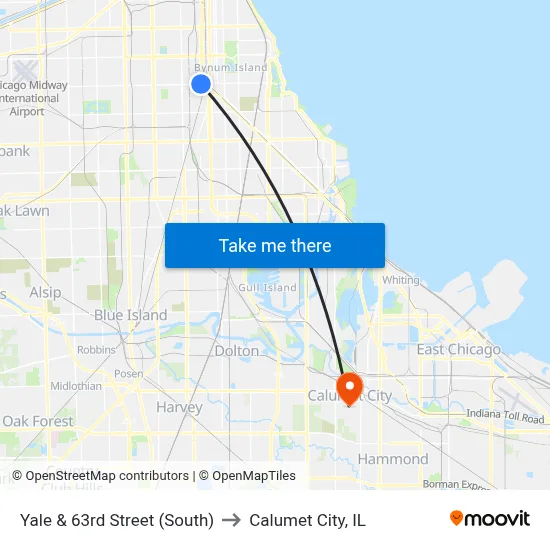 Yale & 63rd Street (South) to Calumet City, IL map