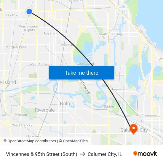 Vincennes & 95th Street (South) to Calumet City, IL map