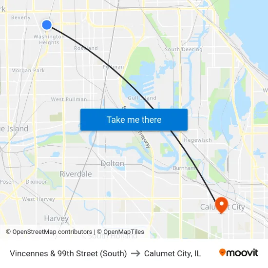 Vincennes & 99th Street (South) to Calumet City, IL map