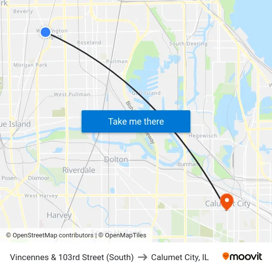 Vincennes & 103rd Street (South) to Calumet City, IL map