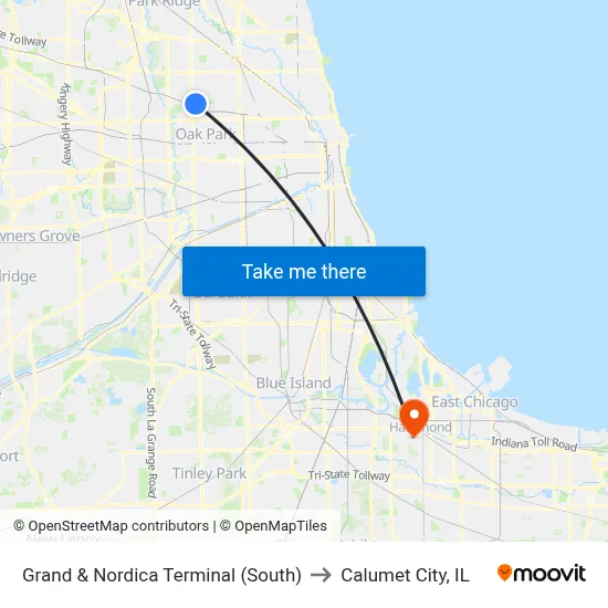 Grand & Nordica Terminal (South) to Calumet City, IL map