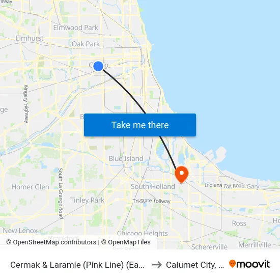 Cermak & Laramie (Pink Line) (East) to Calumet City, IL map