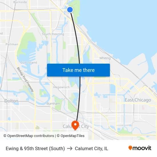 Ewing & 95th Street (South) to Calumet City, IL map