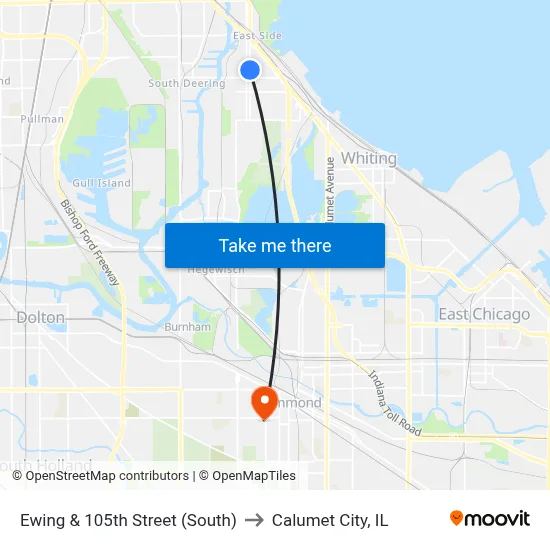 Ewing & 105th Street (South) to Calumet City, IL map