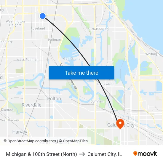 Michigan & 100th Street (North) to Calumet City, IL map