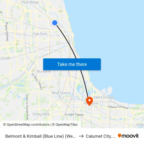 Belmont & Kimball (Blue Line) (West) to Calumet City, IL map