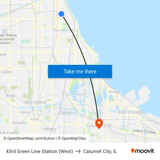 43rd Green Line Station (West) to Calumet City, IL map