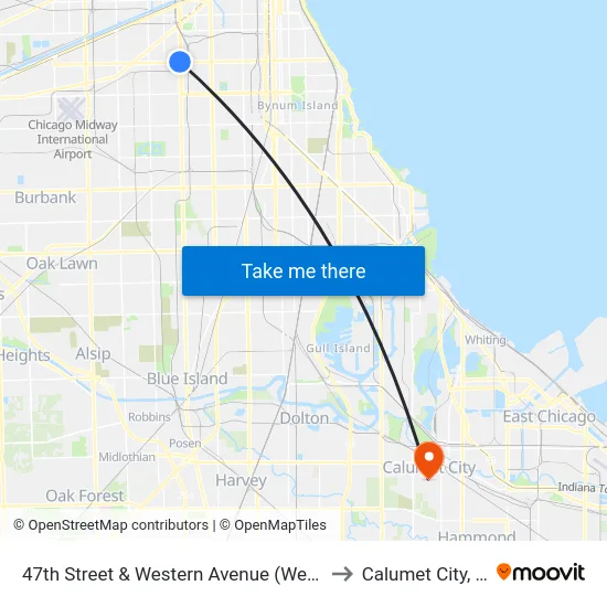 47th Street & Western Avenue (West) to Calumet City, IL map