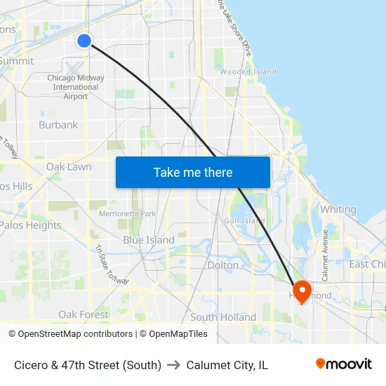 Cicero & 47th Street (South) to Calumet City, IL map