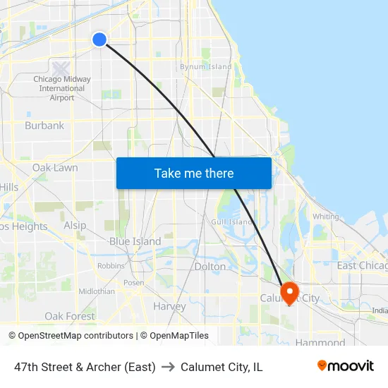47th Street & Archer (East) to Calumet City, IL map