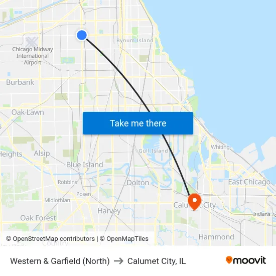 Western & Garfield (North) to Calumet City, IL map