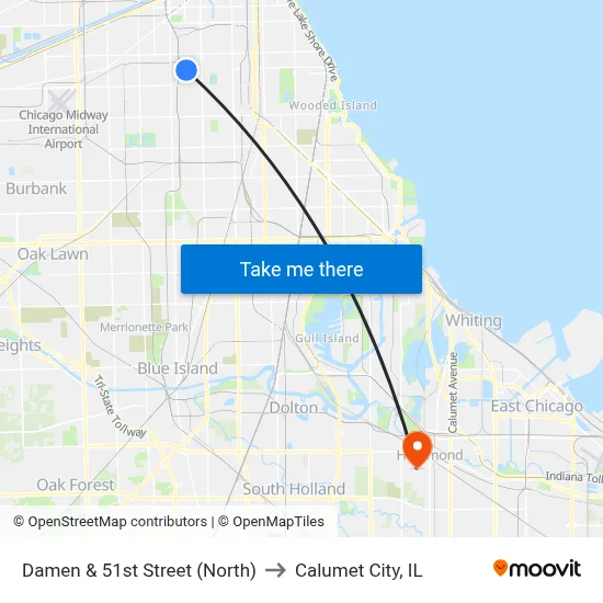 Damen & 51st Street (North) to Calumet City, IL map