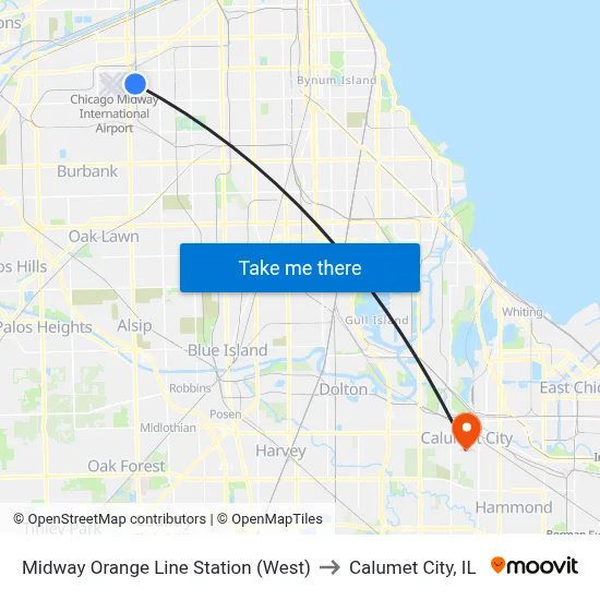 Midway Orange Line Station (West) to Calumet City, IL map