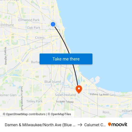 Damen & Milwaukee/North Ave (Blue Line) (North) to Calumet City, IL map