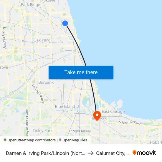 Damen & Irving Park/Lincoln (North) to Calumet City, IL map