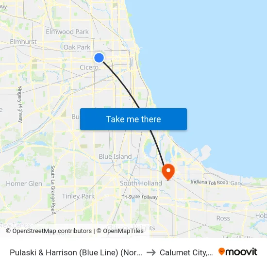 Pulaski & Harrison (Blue Line) (North) to Calumet City, IL map