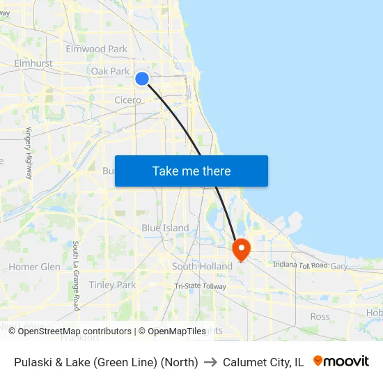 Pulaski & Lake (Green Line) (North) to Calumet City, IL map