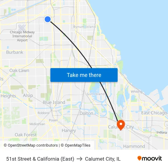51st Street & California (East) to Calumet City, IL map