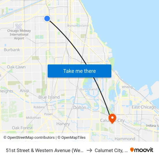 51st Street & Western Avenue (West) to Calumet City, IL map
