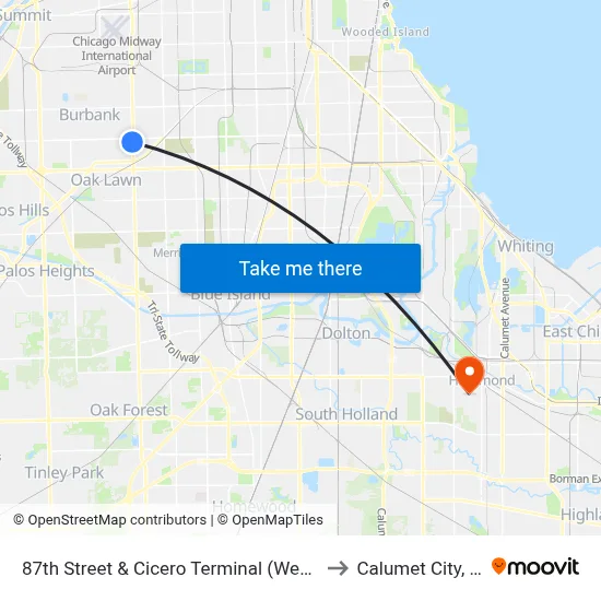 87th Street & Cicero Terminal (West) to Calumet City, IL map