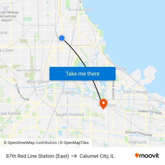 87th Red Line Station (East) to Calumet City, IL map