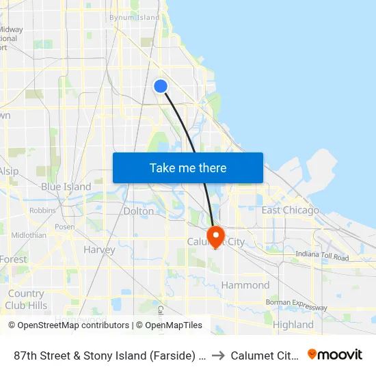 87th Street & Stony Island (Farside) (East) to Calumet City, IL map