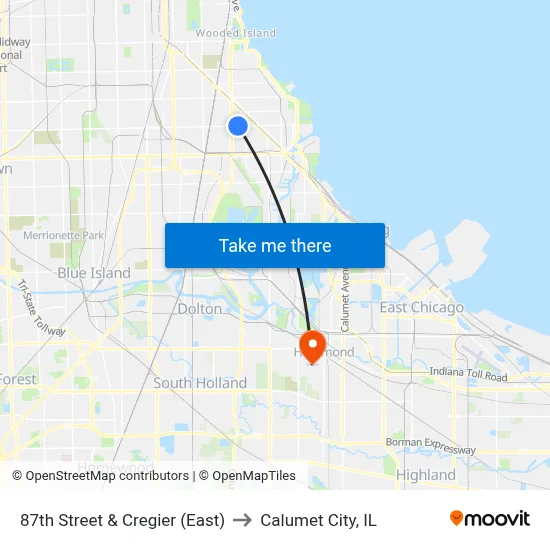 87th Street & Cregier (East) to Calumet City, IL map