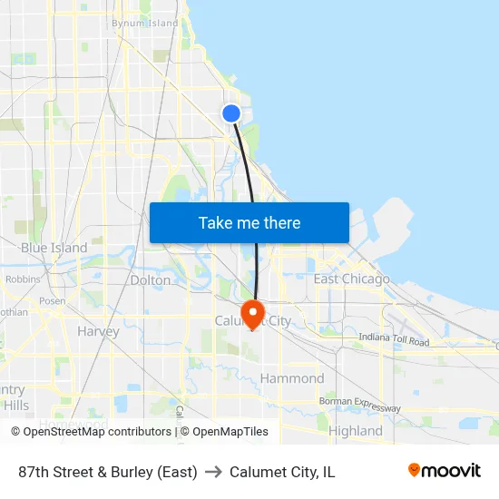 87th Street & Burley (East) to Calumet City, IL map