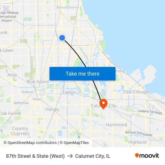 87th Street & State (West) to Calumet City, IL map
