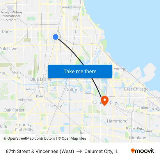 87th Street & Vincennes (West) to Calumet City, IL map