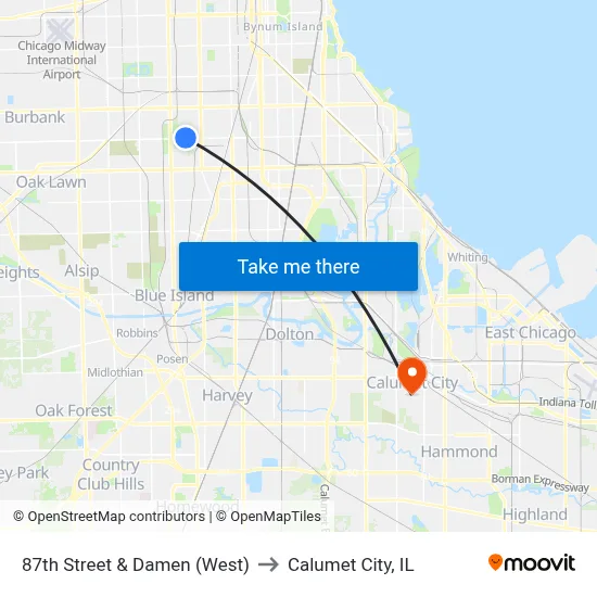 87th Street & Damen (West) to Calumet City, IL map