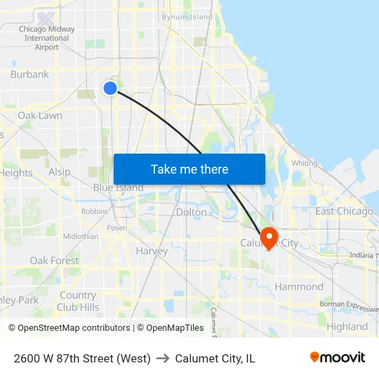 2600 W 87th Street (West) to Calumet City, IL map