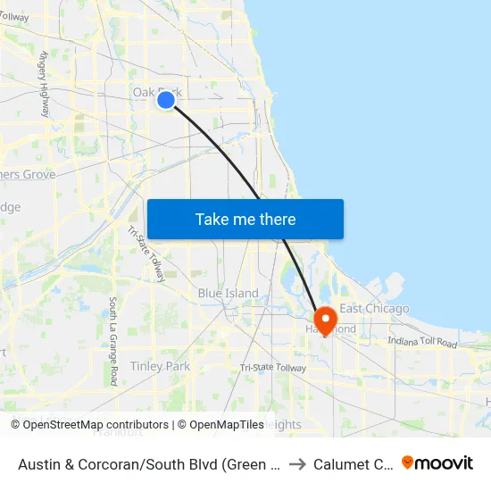 Austin & Corcoran/South Blvd (Green Line) (North) to Calumet City, IL map