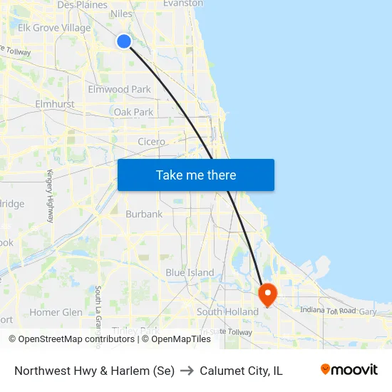 Northwest Hwy & Harlem (Se) to Calumet City, IL map