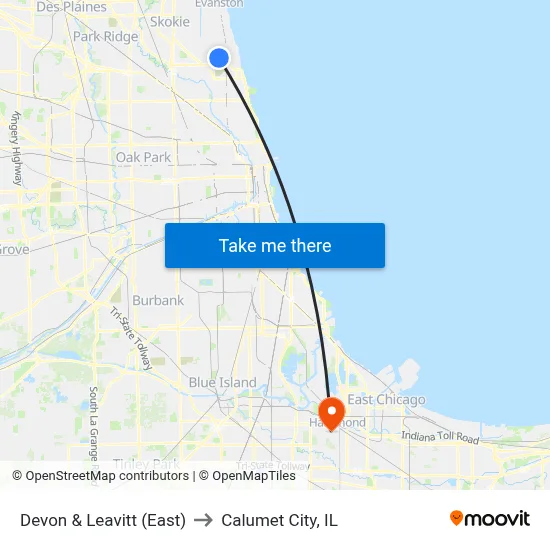 Devon & Leavitt (East) to Calumet City, IL map