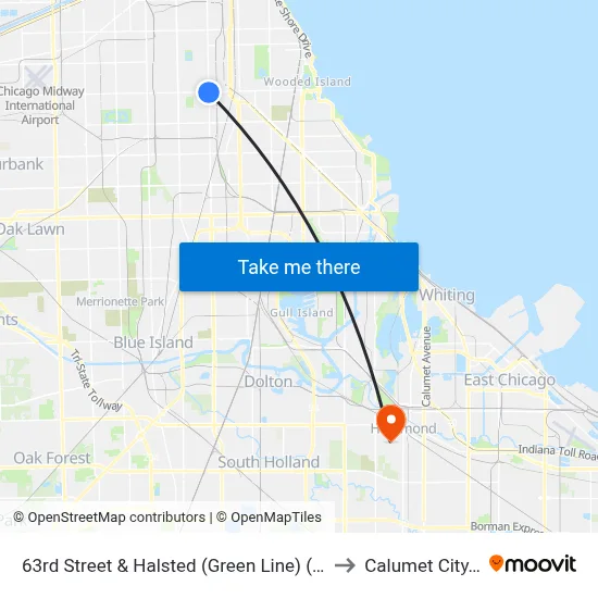 63rd Street & Halsted (Green Line) (East) to Calumet City, IL map