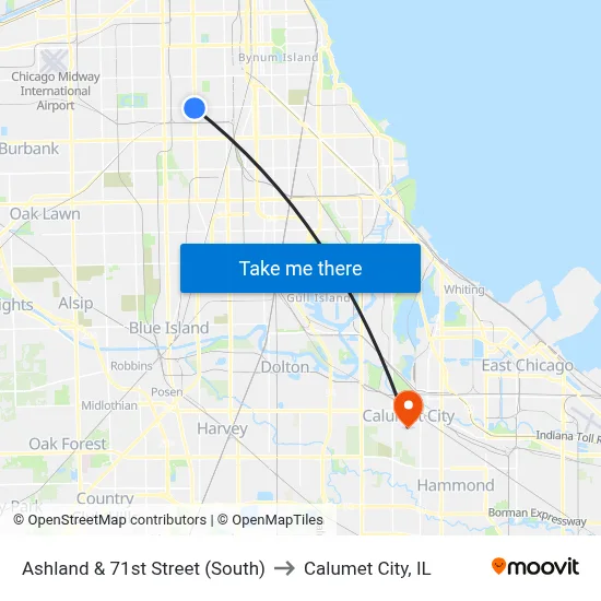 Ashland & 71st Street (South) to Calumet City, IL map