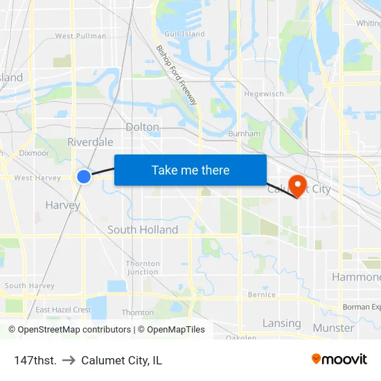 147thst. to Calumet City, IL map