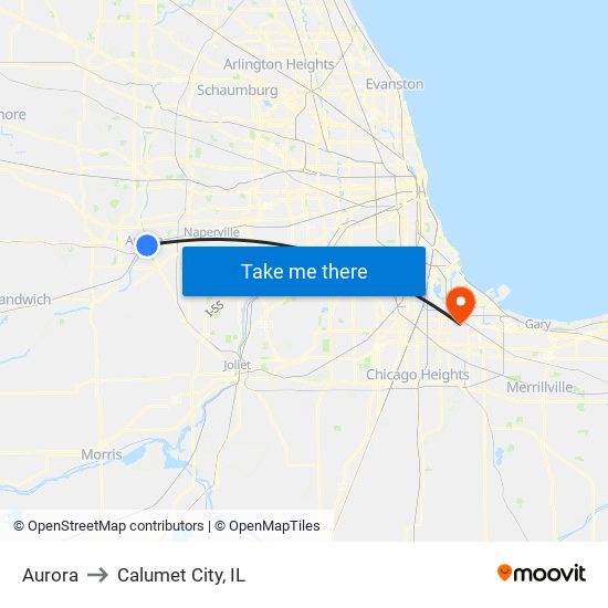 Aurora to Calumet City, IL map