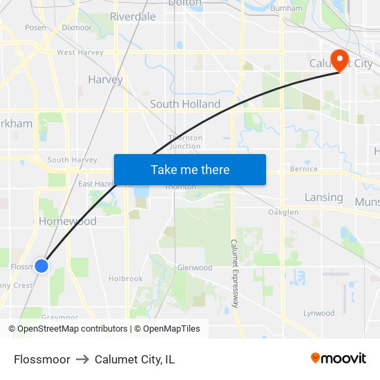 Flossmoor to Calumet City, IL map