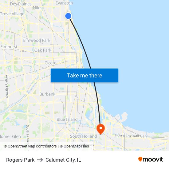 Rogers Park to Calumet City, IL map