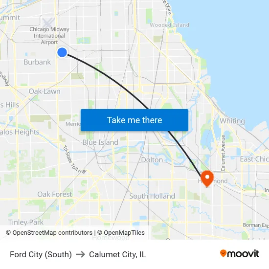 Ford City (South) to Calumet City, IL map