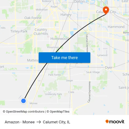 Amazon - Monee to Calumet City, IL map