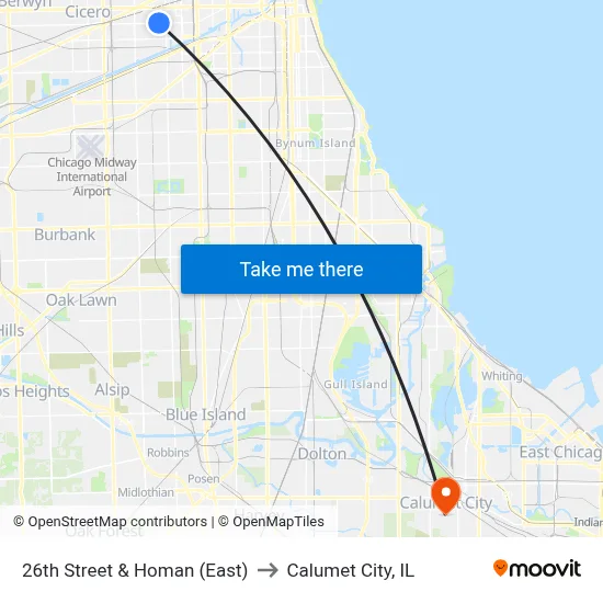 26th Street & Homan (East) to Calumet City, IL map