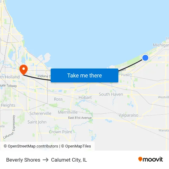 Beverly Shores to Calumet City, IL map