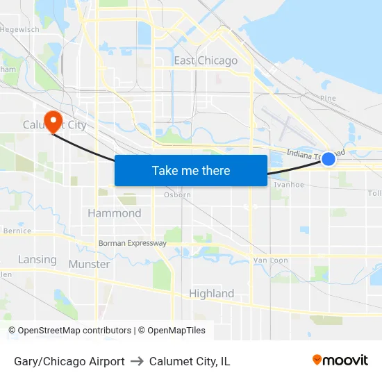 Gary/Chicago Airport to Calumet City, IL map