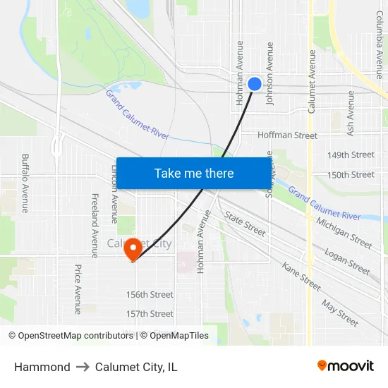 Hammond to Calumet City, IL map