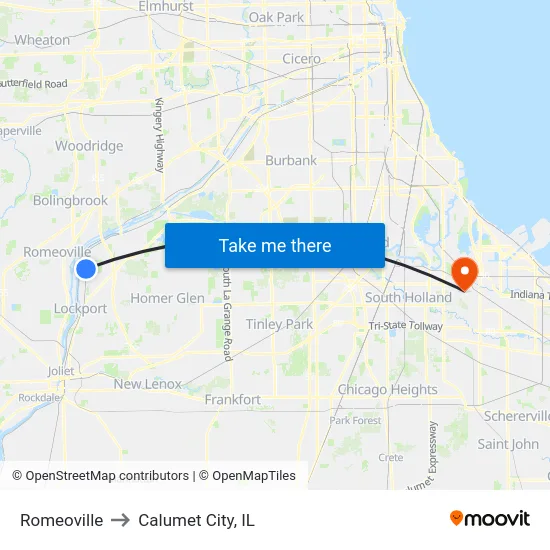 Romeoville to Calumet City, IL map