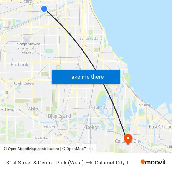 31st Street & Central Park (West) to Calumet City, IL map