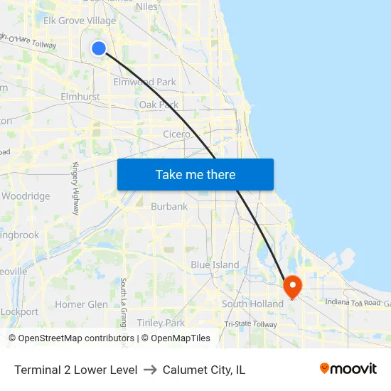 Terminal 2 Lower Level to Calumet City, IL map